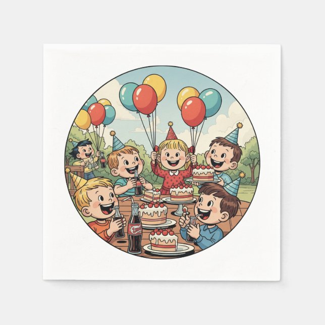 Kinder genießen ihre Kuchen, Sodas und Balloons Serviette (Vorderseite)