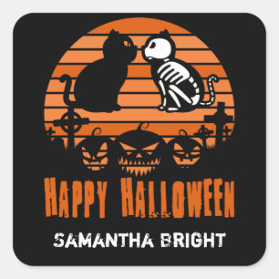 Kinder glücklich Halloween Skeleton Katze Retro So Quadratischer Aufkleber