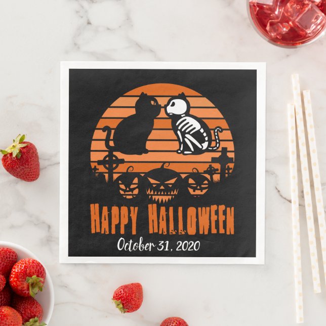 Kinder glücklich Halloween Skeleton Katze Retro So Serviette (Beispiel)