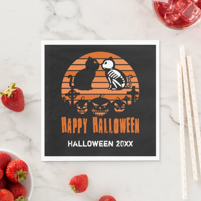 Kinder glücklich Halloween Skeleton Katze Retro So Serviette (Beispiel)
