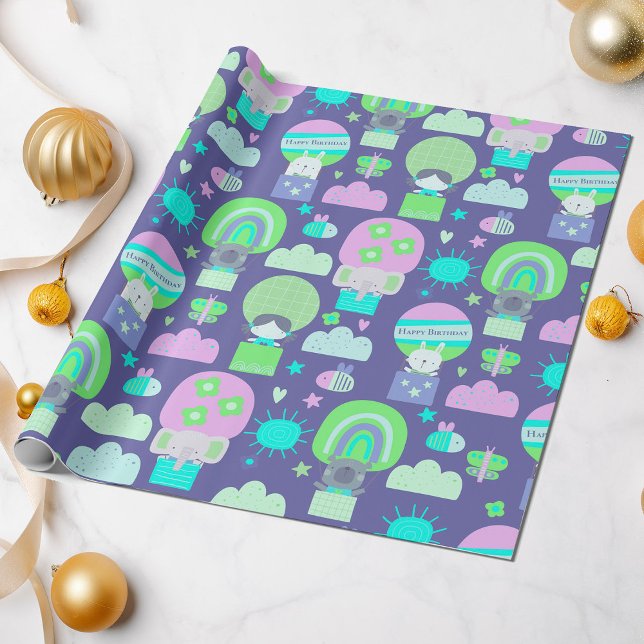 Kinder glücklich zum Geburtstag Lila rosa Niedlich Geschenkpapier (Von Creator hochgeladen)