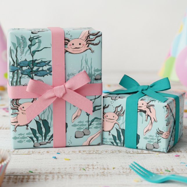Kinder grün und rot rosa Unterwasser Axolotl Zeich Geschenkpapier (Cute Pet Axolotl River Animal Kids Wrapping Paper in Turquoise. Pink Mexican Salamander Amphibian)