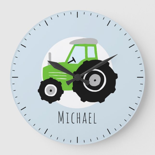 Kinder Grüne Farm Traktor Cartoon Boys Kinderzimme Große Wanduhr (Vorderseite)