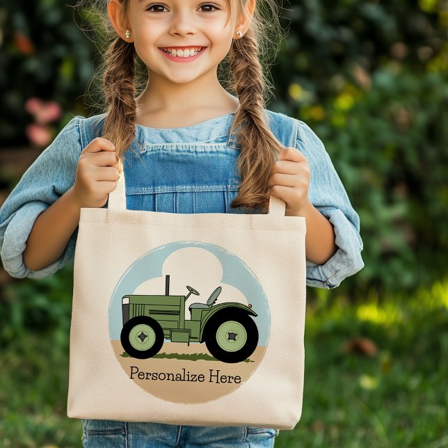 Kinder Grüner Zuchttraktor Niedlich Personalisiert Tragetasche (Kids Green Farm Tractor Cute Personalized Tote Bag)
