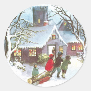 Kinder holen Zuhause-Weihnachten-Klotz Vintages Runder Aufkleber