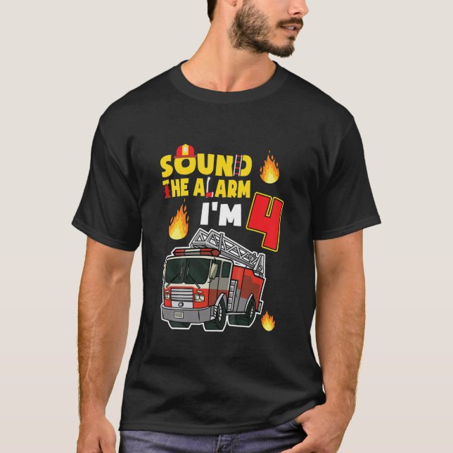Kinder hören den Alarm Ich bin 4 kleiner Feuerwehr T-Shirt (Vorderseite)