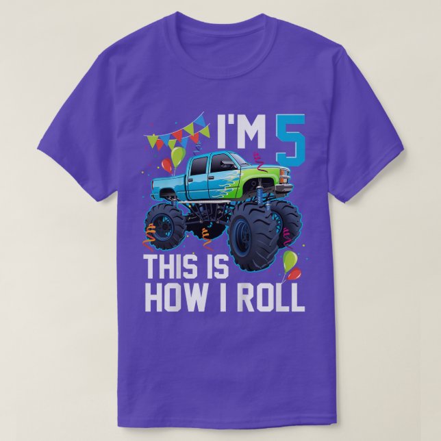 Kinder ich bin 5 So Roll Monster Truck 5th Bi T-Shirt (Design vorne)
