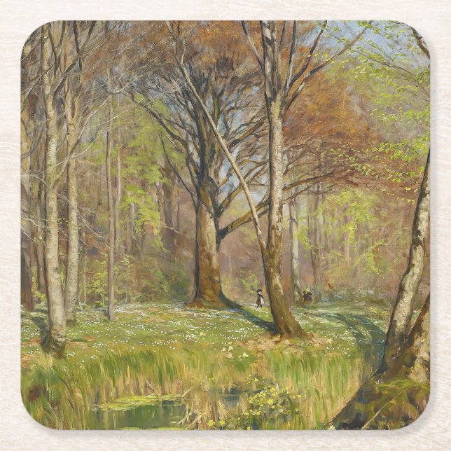 Kinder im Frühjahrswald H.A. Brendekilde Rechteckiger Pappuntersetzer (Vorderseite)