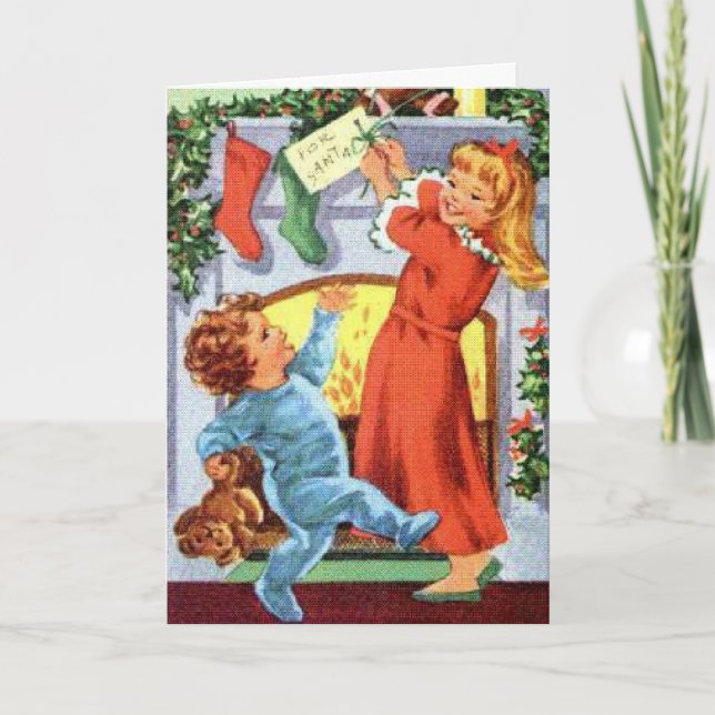 Kinder im Schlafanzug zu Weihnachten Strumpfs Karte (Vorderseite)