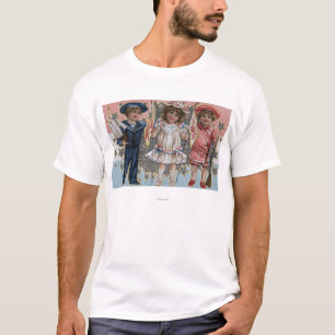 Kinder in Blauem, im Weiß und im Rosa T-Shirt