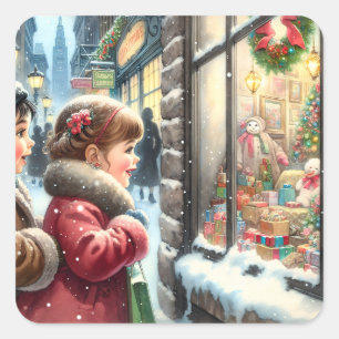 Kinder in ein Weihnachtsfenster schauen Quadratischer Aufkleber