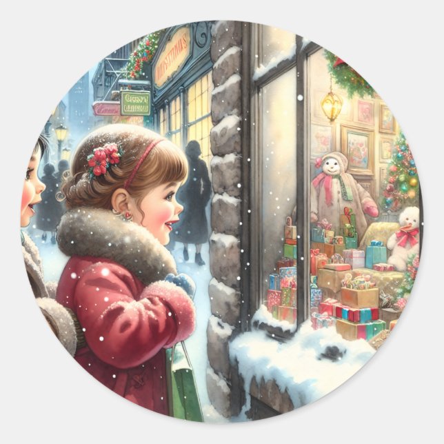 Kinder in ein Weihnachtsfenster schauen Runder Aufkleber (Vorderseite)