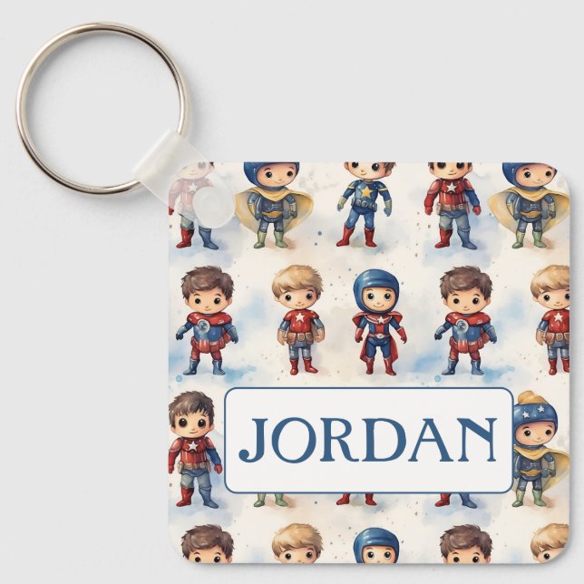 Kinder in Superhero-Outfits individuell anpassbar Schlüsselanhänger (Vorderseite)