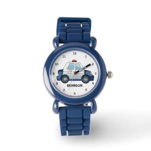 Kinder Jungen Polizeiauto Fahrzeug Blau Name Armbanduhr