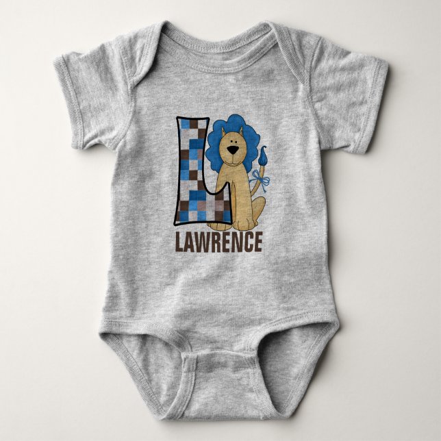 Kinder "L" Monogramm | Blue Patchwork Lion Baby Strampler (Vorderseite)