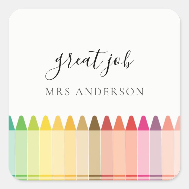 Kinder Lehrerin farbenfrohe Rainbow Crayon Aufwert Quadratischer Aufkleber (Vorderseite)