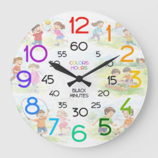 Kinder lernen, die Zeit an der Klassenzimmer-Wandu Große Wanduhr