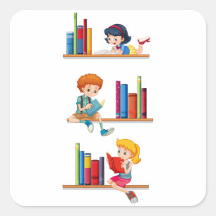 Kinder lesen Bücher auf einem Regal Quadratischer Aufkleber