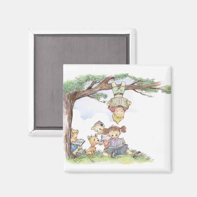 Kinder lesen unter einem Baum Magnet (Vorderseite/Rückseite)