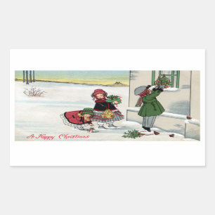 Kinder liefern Weihnachtsgeschenke Rechteckiger Aufkleber