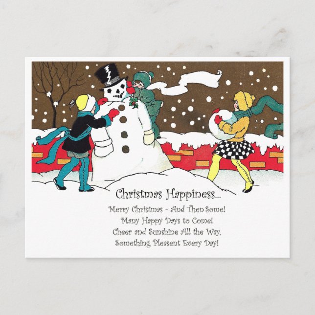 Kinder machen Schneemann mit Weihnachtslied Postkarte (Vorderseite)