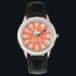 Kinder Mädchen Armbanduhr, orange und weiß Armbanduhr<br><div class="desc">Kinder der grafischen Kunst sehen mit einem einfachen weißen Schmetterling. Das Hotel ist ideal für Mädchen im Schulalter,  die lernen,  eine Uhr zu lesen,  als Funktionen sowohl von Minuten als auch von Stunden. Anpassen mit dem vollständigen Namen Ihres Kindes Beispiel liest Gemma Jackson.</div>