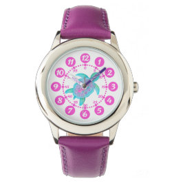 Kinder Mädchen rosa und weiße Schildkrötenherzen A Armbanduhr