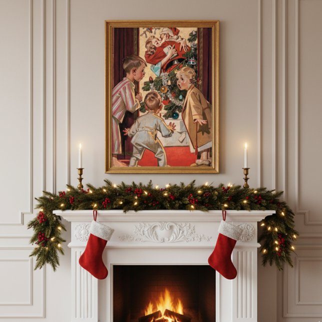 Kinder Mama Küssen Weihnachtsmann Vintag Poster (Kids See Mom Kissing Santa Claus Vintage Poster)