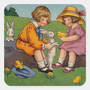 Kinder mit Bunnien und Chicks, Ostern Quadratischer Aufkleber