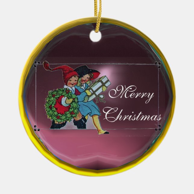 KINDER MIT CHRISTMAS GIFTS KERAMIKORNAMENT (Vorne)