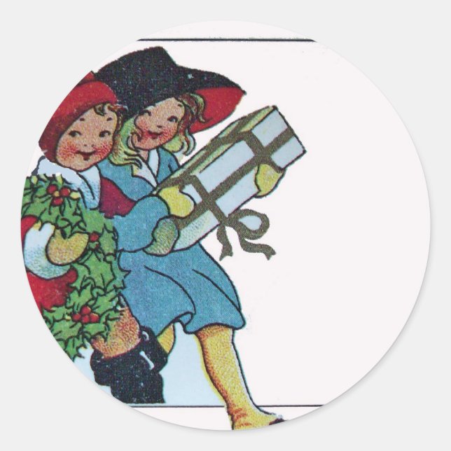 KINDER MIT CHRISTMAS GIFTS RUNDER AUFKLEBER (Vorderseite)