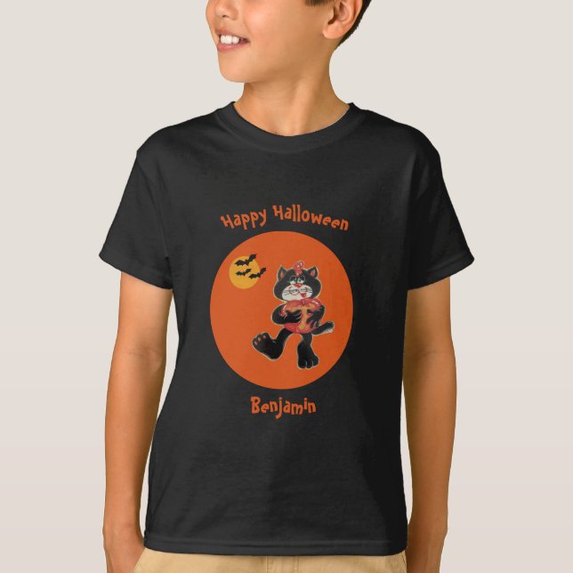 Kinder Name Halloween Niedlicher Schwarzkatzenmoon T-Shirt (Vorderseite)