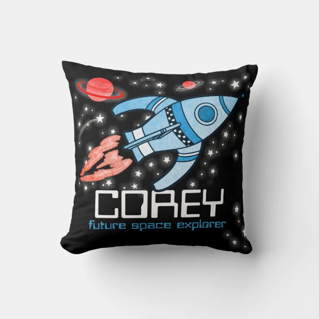Kinder nennen Raketenraumforscher blaues Corey Kissen (Vorderseite)