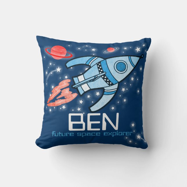 Kinder nennen Raketenraumforscherin blaues Kissen (Vorderseite)