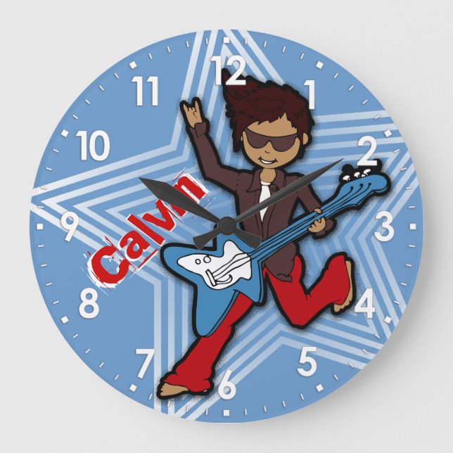 Kinder nennen Rockstar-Gitarrenjungen-Uhr Große Wanduhr (Vorderseite)
