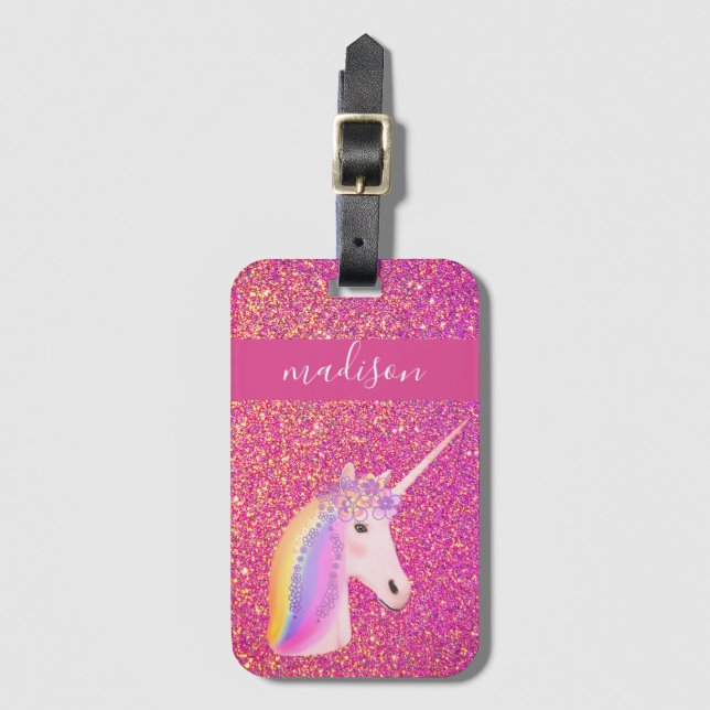 Kinder Niedlich Einhorn Rosa Gold Glitzer Personal Gepäckanhänger (Vorderseite Vertikal)