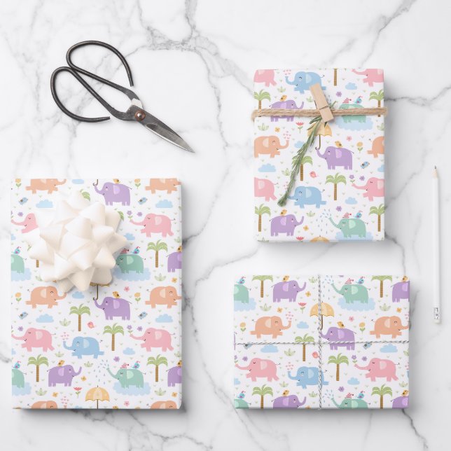 Kinder Niedlich glückliche Elefanten Pastel Pink B Geschenkpapier Set (Vorderseite)