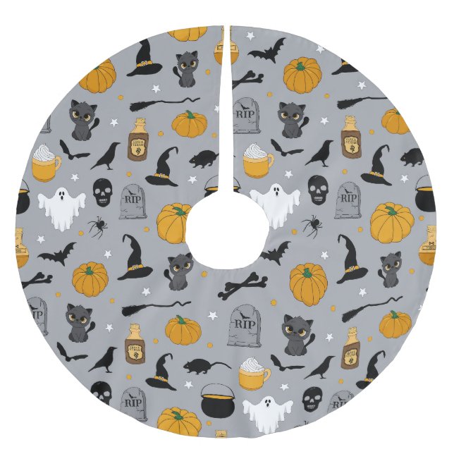 Kinder Niedlich Hexenkürbis Geister und Katzen Gra Polyester Weihnachtsbaumdecke (Vorderseite)