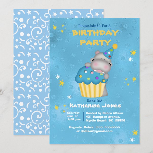 Kinder Niedlich Hippo mit einem blauen Cupcake Geb Einladung (Vorne/Hinten)