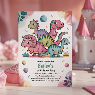 Kinder Niedlich Pink Dinosaurier 1. Geburtstag Par Einladung