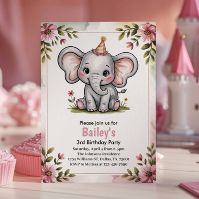 Kinder Niedlich Pink Elephant 3. Geburtstag Party Einladung (Von Creator hochgeladen)