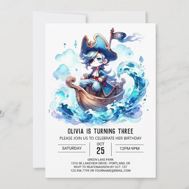Kinder Niedlich Pirate Geburtstag Einladung (Vorderseite)