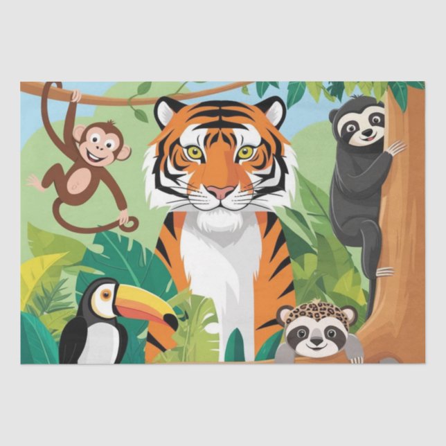 Kinder Niedliche Tiere Dschungle Tiger Affen Enttä Seidenpapier (Vorderseite)