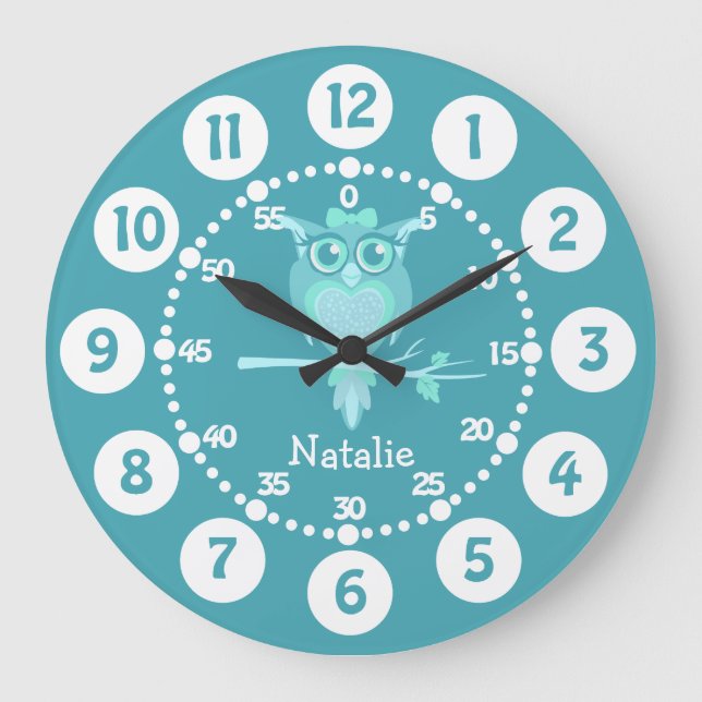 Kinder niedliche Uhu aqua blau grüne Wanduhr (Vorderseite)