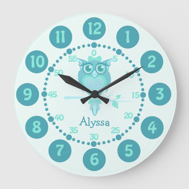 Kinder niedliche Uhu aqua blau grüne Wanduhr (Vorderseite)