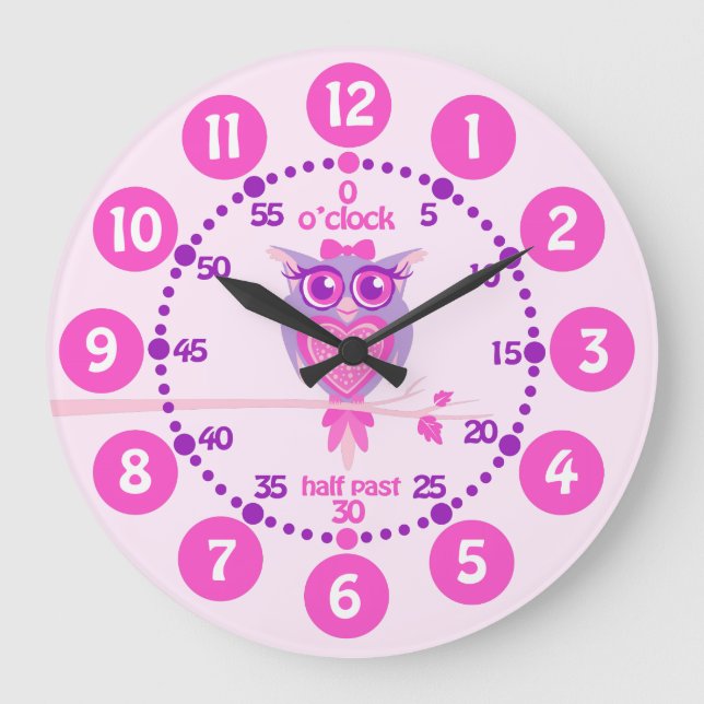 Kinder niedliche Uhu rosa lila Wanduhr (Vorderseite)