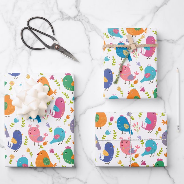 Kinder Niedliche Vögel Tweetend Geschenkpapier Set (Vorderseite)
