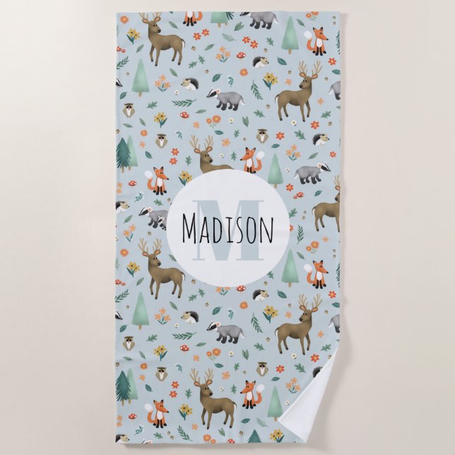 Kinder Niedliche Waldtiere Kids Monogram Strandtuch (Vorderseite)