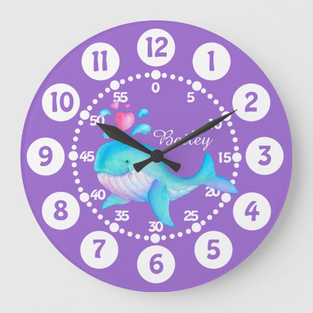 Kinder niedliche Walspurkunst lila Wassertaktkunst Große Wanduhr (Vorderseite)