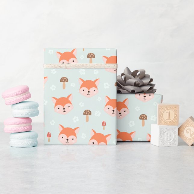 Kinder Niedlicher Cartoon Fox gegenüber Pilzen Geschenkpapier (Babyparty)